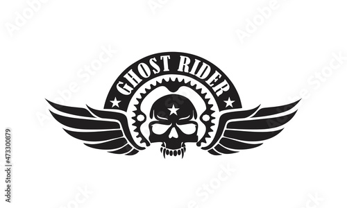 Skull Ghost Rider Black and White Illustration Vector File Motorcycle.Idea for print on clothes