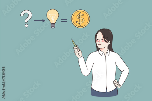 From question to making money concept. Young woman worker standing pointing at direction from question to great idea to making income profit vector illustration 