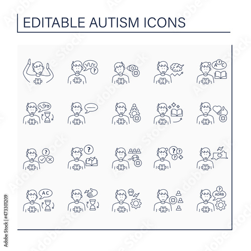 Autism spectrum disorder line icons set. Difficulties with social interaction,communication. Neurodevelopmental disorder concept. Isolated vector illustration. Editable stroke