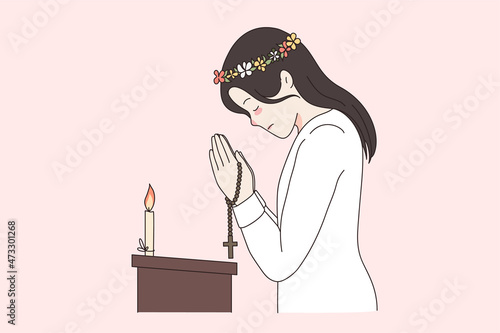 Religion believe in god and spirituality concept. Young woman in wreath standing in church bear candle praying for health pulling in religious gesture spiritual blessing vector illustration 