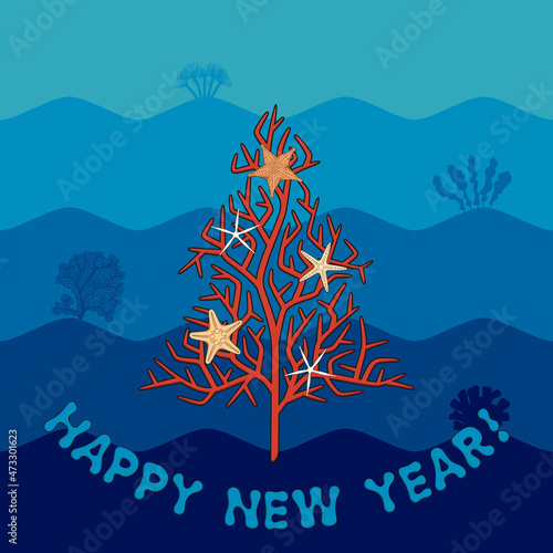 Christmas card with a coral fir tree, starfish and congratulations. Colored vector background.
