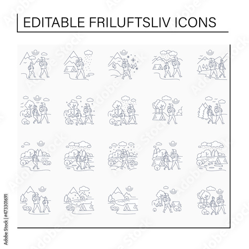 Friluftsliv line icons. Family hiking. Green, eco tourism. Adventure tourism. Nature landscape. Nordic outdoor activities concept.Isolated vector illustrations.Editable stroke