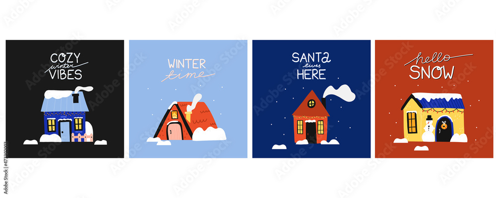 Winter houses postcard set. Cute homes in snow cards, forest cozy cottages with snowy roofs, christmas congratulation, xmas lettering text collection bright colors, vector cartoon flat isolated set