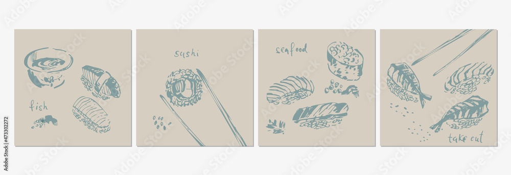 Hand drawn sketch of sushi, sashimi, rolls, soy sauce, sticks set