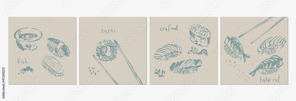 Hand drawn sketch of sushi, sashimi, rolls, soy sauce, sticks set Hand drawn sketch of sushi, sashimi, rolls, soy sauce, sticks set