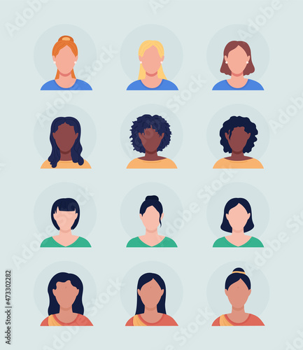 Women with hairstyles semi flat color vector character avatar set. Casual style. Portrait from front view. Isolated modern cartoon style illustration for graphic design and animation pack