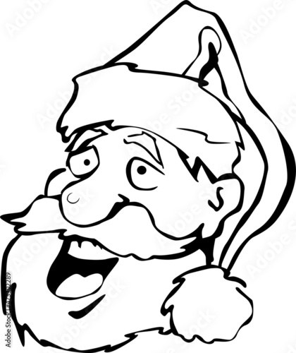 Santa's big head in a hat with a pimple on his nose smiles
