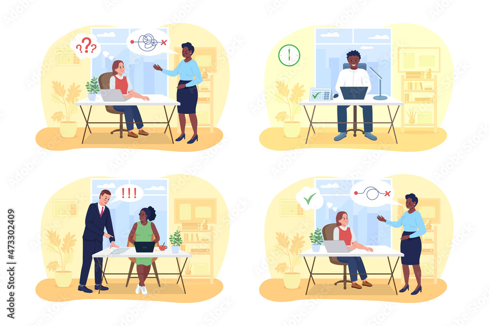 Communication in office 2D vector isolated illustration set. Productive teamwork. Coworker interacting flat characters on cartoon background. Corporate workplace colourful scene collection