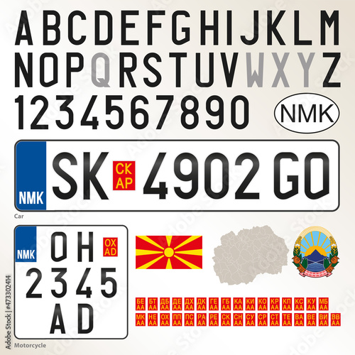 North Macedonia license car license plate pattern, european country, vector illustration with symbols