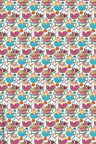 Seamless pattern with melting coffee milkshake. Dessert drink coffee and caramel. Vector illustration in flat style. Cappuccino. Latte. Irish cream coffee. Ice cream, milkshake, cocktail. Whipped foam