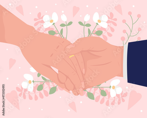 Romantic wedding proposal flat color vector illustration. Proposing engagement. Holding hands with gold ring on finger 2D cartoon first view hand with flower branches on pink abstract background
