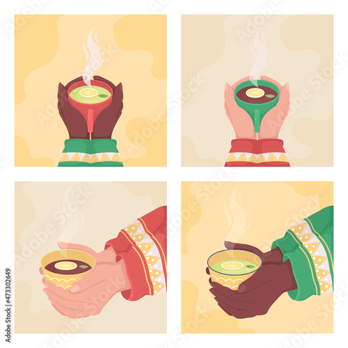 Holding steaming cup of lemon tea flat color vector illustration set. Cozy beverage for cold weather. Herbal drink. Warm liquid 2D cartoon first view hand with abstract background collection