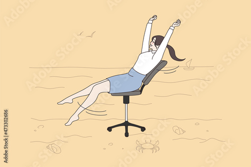 Dreaming of weekend and vacations concept. Young smiling positive office worker woman barefoot sitting in office dreaming of being traveling to seaside vector illustration 