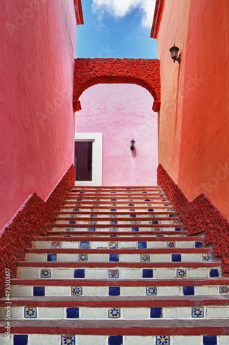 A painted stairway, steps and risers. photo