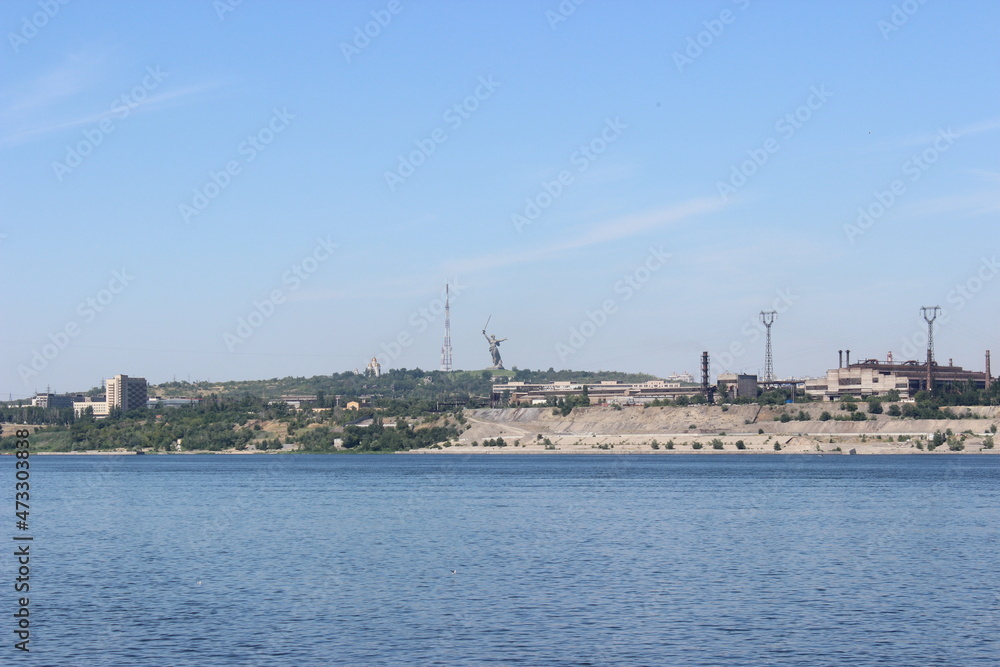 The Volga River. The ship is approaching the city of Volgograd (formerly Stalingrad). In the distance, on the top of Mamayev Kurgan, a monument to Mother Motherland is visible.