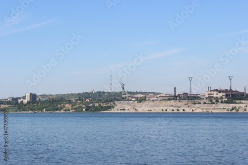 The Volga River. The ship is approaching the city of Volgograd (formerly Stalingrad). In the distance, on the top of Mamayev Kurgan, a monument to Mother Motherland is visible. © Mikhail
