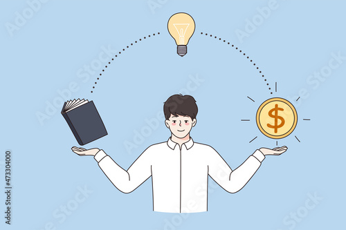 From knowledge to making money concept. Young man worker standing pointing at direction from book to great idea to making income profit vector illustration 