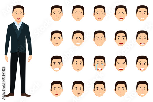 Businessman character set wearing business outfit with different facial expression and emotion sad angry happy cheerful isolated icon set