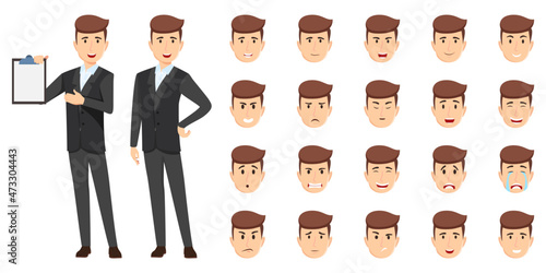 Modern businessman character set wearing business outfit with different facial expression and emotion sad angry happy unhappy cry posing standing cheerful isolated icon set
