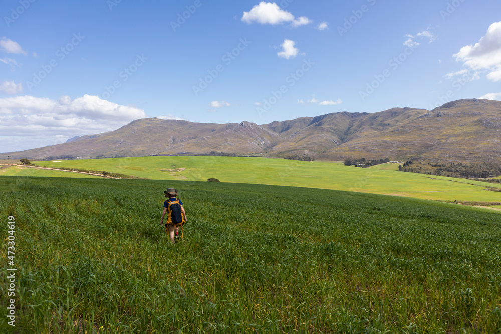 Young boy walking through a grassy meadow with wild flowers Young boy walking through a grassy meadow with wild flowers