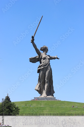 The city of Volgograd. Memorial complex "Mamayev Kurgan". Monument to Mother Motherland on top of the mound.