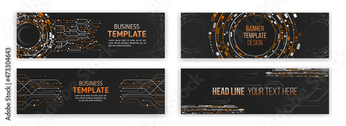 Set of modern banner templates for websites. Abstract social media cover design. Horizontal header web background. High tech design with technological elements. Science and digital technology concept
