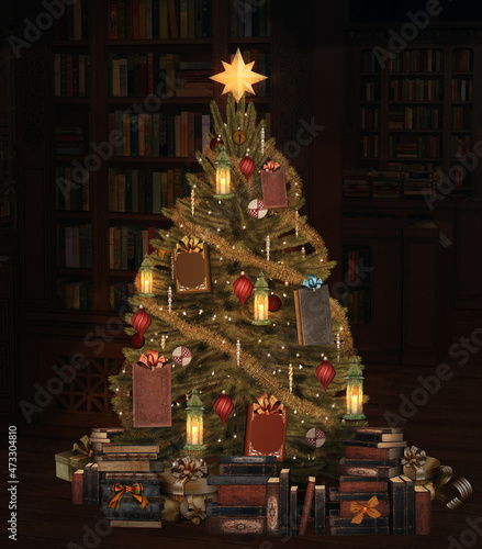 Fully decorated christmas tree by a library with plenty of books as useful gifts