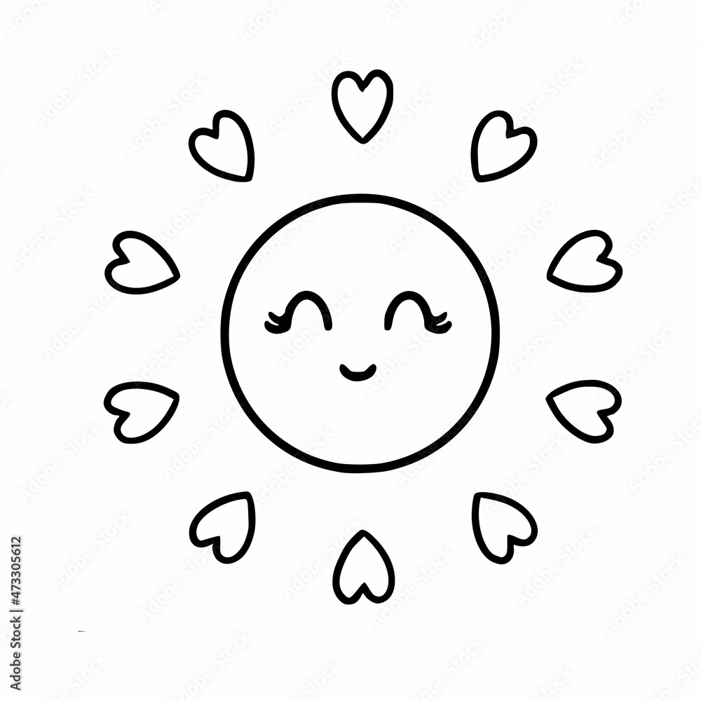 Sweet sun with smile and rays in shape of hearts. Vector icon in doodle style. Sweet sun with smile and rays in shape of hearts. Vector icon in doodle style.