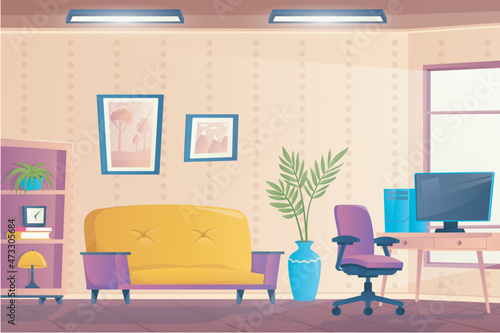 Living room interior concept in flat cartoon design. Apartment with couch, workplace with chair and computer on desk, bookcase with decor, pictures, plants and window. Vector illustration background