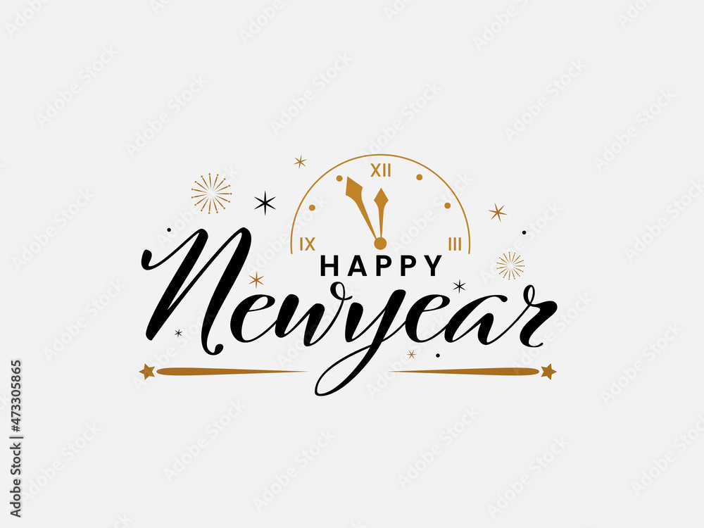 Black Happy New Year Font With Linear Style Wall Clock On White Background. Black Happy New Year Font With Linear Style Wall Clock On White Background.