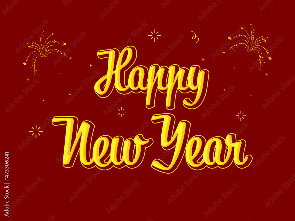 Yellow Happy New Year Font With Fireworks On Red Background.