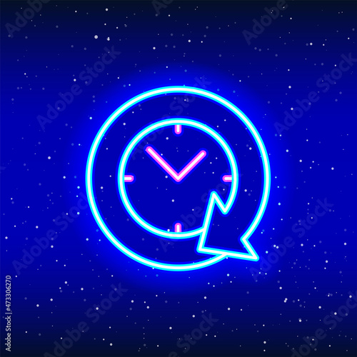 Neon linear design of moving arrow around clock. Neon clock and arrow. Clock on the marker arrow. Time in space with neon. Unique and realistic neon icon. Linear icon on blue background.