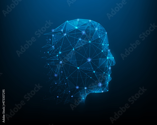 head human technology low poly. Biometric identification. consisting of points, lines, and triangle. vector illustration futuristic style. isolated on blue dark background. facial recognition system.