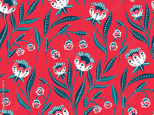 Floral pattern with decorative flowers, leaves on red background. Abstract composition of painted plants decorated dots. Seamless pattern, modern interpretation of folk art. Vector design for print.