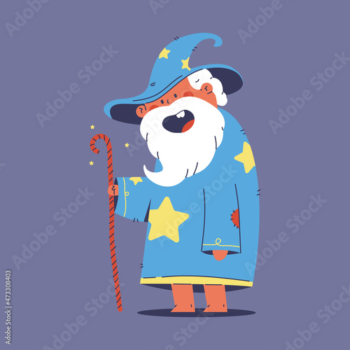 Cute wizard with magic stick vector cartoon character isolated on background.