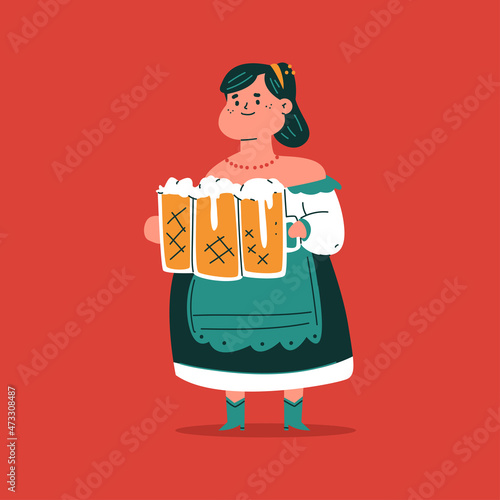 Fotografia Cute woman in national costume with beer mugs Oktoberfest vector cartoon character isolated on background