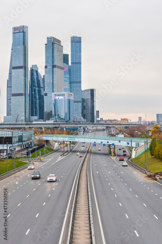 cityscape skyscraper building highway Moscow city district business transport © evgris