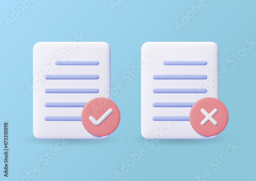 3d document icon with checklist and cross symbol, approve and reject file vector illustration concept
