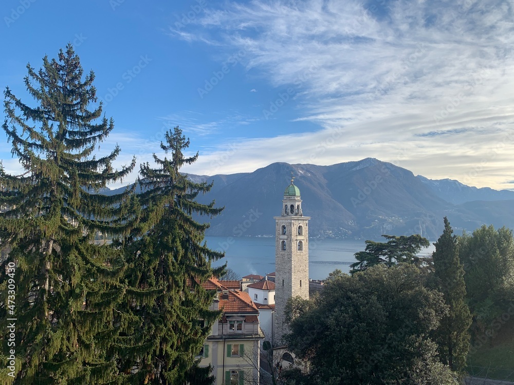 Skyline with church in the city of lugano in switzerland