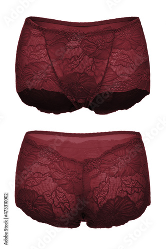 Subject shot of erotic red boyshorts with flower tracery and lace pattern. The sexy panties are isolated on the white background. photo