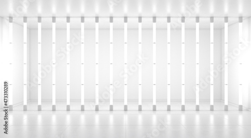 White room with vertical cylindrical lights. Bright abstract 3d background. 3d illustration.