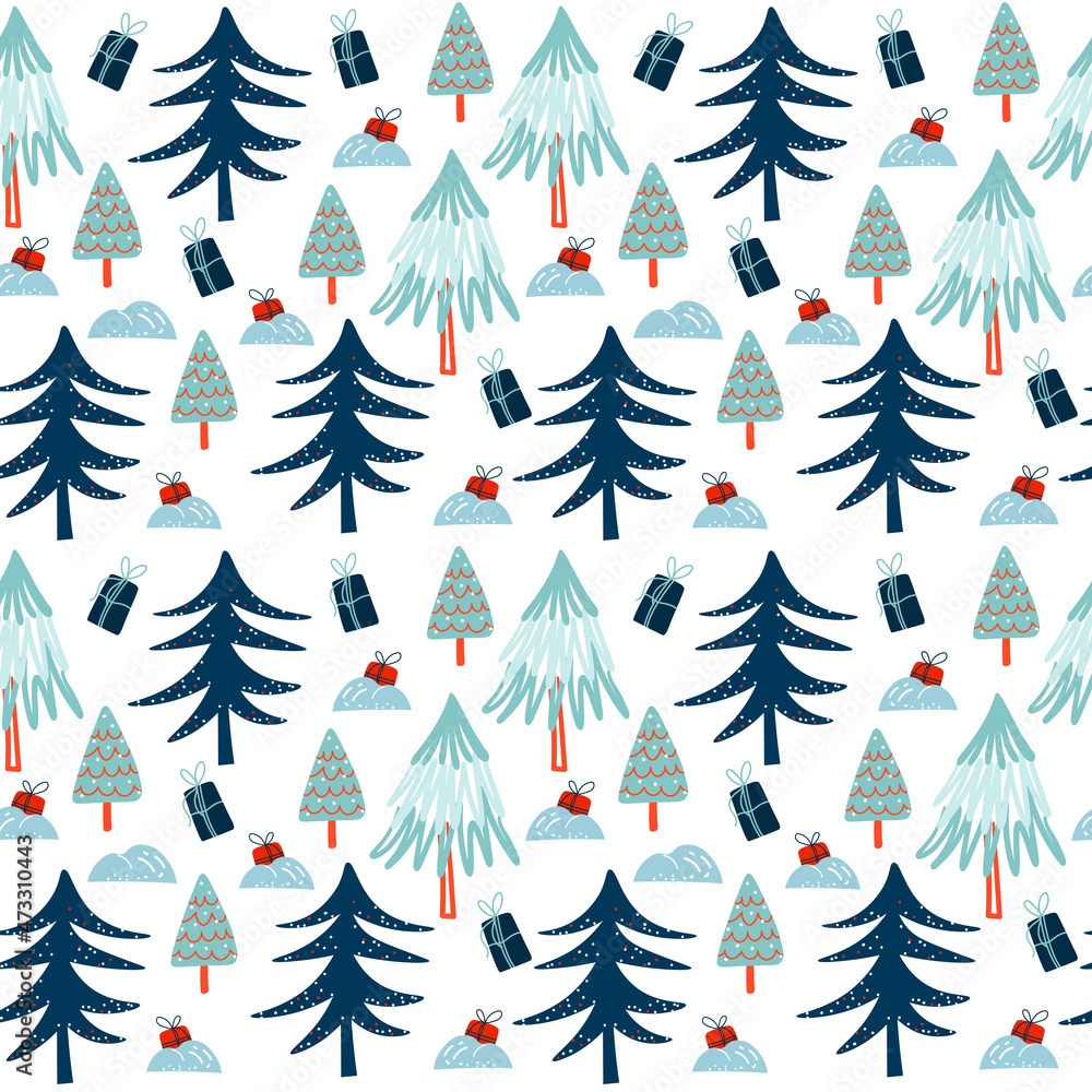 Seamless pattern with winter trees and gifts. Decorative holiday pattern with trees