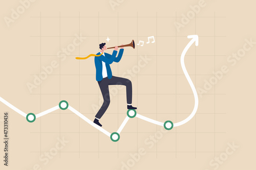 Investment profit growth, monetary policy to control economic, market domination or manipulation concept, smart businessman snake charmer playing flute on investment graph to make arrow rising up.