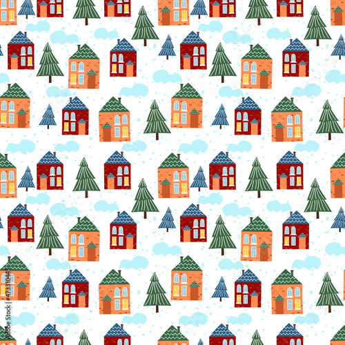 Seamless pattern with houses and green trees