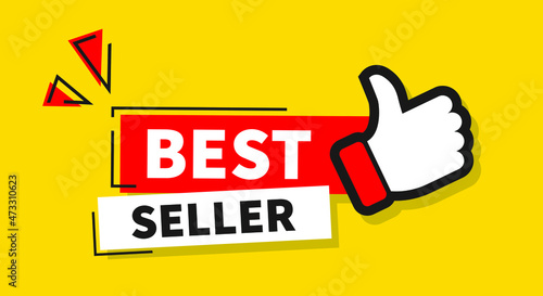 red and white vector banner best seller on yellow background with thumbs up. photo