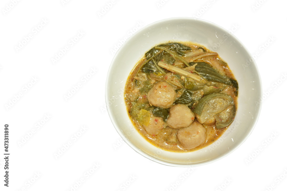 spicy boiled fish ball with slice eggplant in coconut milk green curry soup on bowl spicy boiled fish ball with slice eggplant in coconut milk green curry soup on bowl