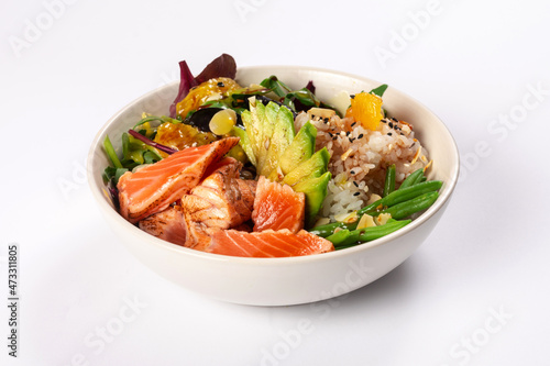 Bowl healthy salad with salmon
