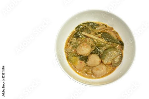 spicy boiled fish ball with slice eggplant in coconut milk green curry soup on bowl © pedphoto36pm