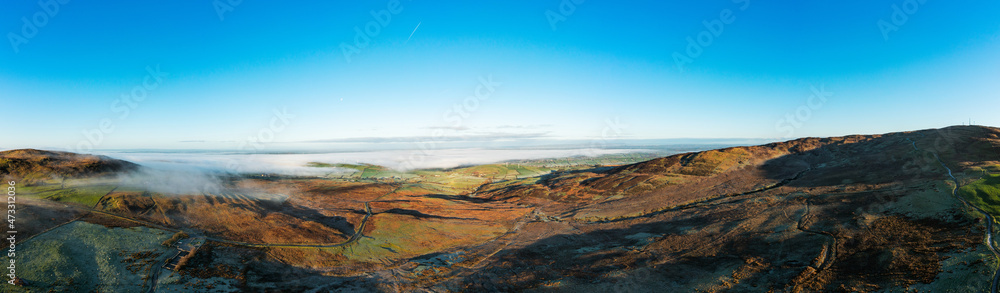 aerial panoramic view of foggy winter countryside morning, Northern Ireland