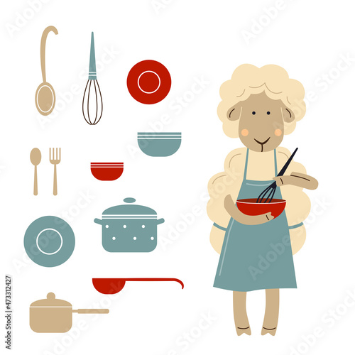 Set of dishes and cute cartoon sheep cooking.